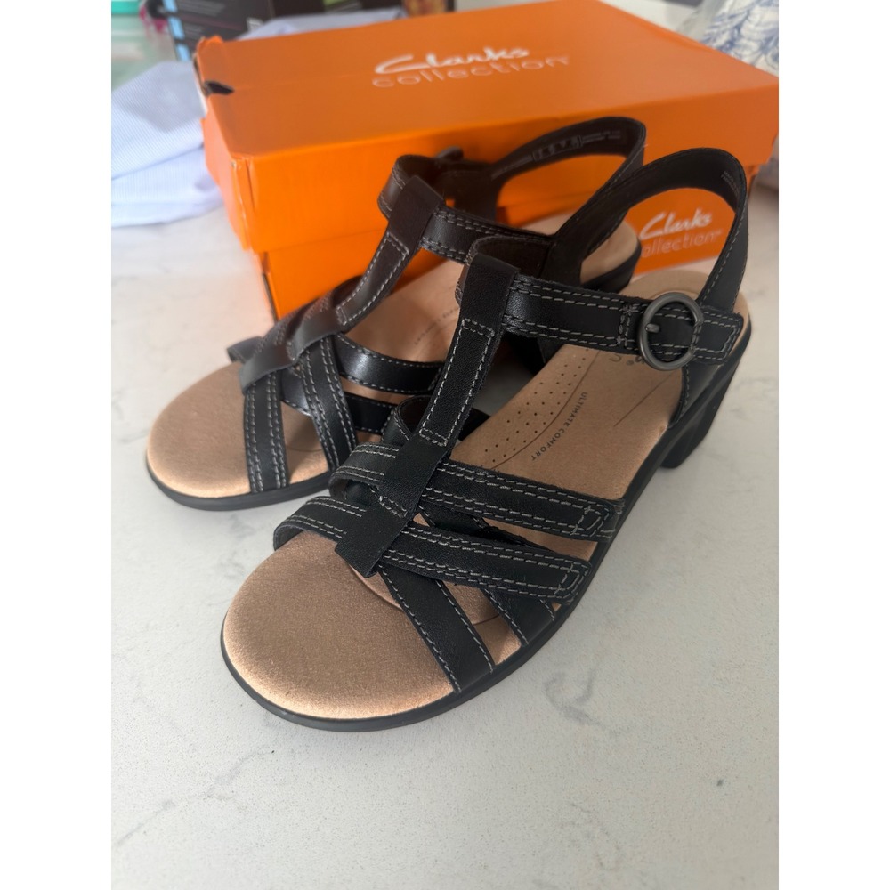 Clarks Emily Rose Black Leather Strappy Block Heel Sandals Womens 6.5 M